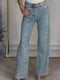 Dżinsy glamour z wysokim stanem, szerokimi nogawkami i subtelnym połyskiem