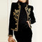 Black velvet jacket for women - Long-sleeved coat with buttons and gold floral embroidery
