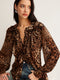 Chic safari leopard print blouse – Long-sleeve chiffon top with ruffled collar for women