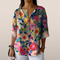 Women's blouse with autumn floral print - loose fit and V-neck with button