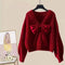 Women's V-neck knit sweater with a large bow – Elegant batwing-sleeve design
