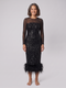 Women's midi sequin dress with feather trim | Long-sleeve mesh evening dress for Christmas parties and festive events