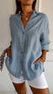 Camisa de lino azul para mujer, mangas largas elegantes