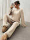 Set de relaxare din tricot pentru femei – Pulover și pantaloni două piese bej, moi pentru confort călduros