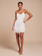 Mini-robe à franges pour femme avec bordure en plumes | Robe de cocktail à col en V et bretelles fines, idéale pour les fêtes et les soirées