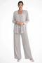 Ensemble trois pièces à paillettes pour femme avec veste et pantalon large